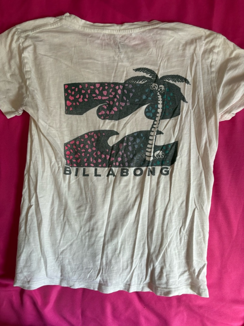 Billabong White Tee with Palm Graphic and Pink/Teal Accents